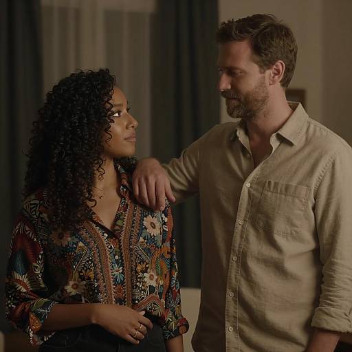 Photograph of a Black woman with curly hair in a patterned blouse, and a bearded white man in a beige shirt, standing close, with