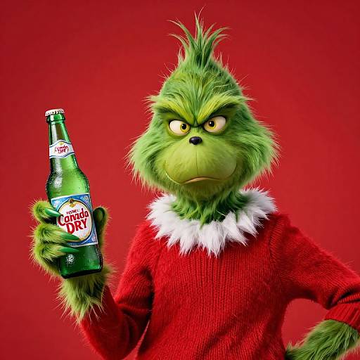CGI image of a green, furry, grumpy anthropomorphic creature with a mohawk, wearing a red sweater with a white ruff, holding