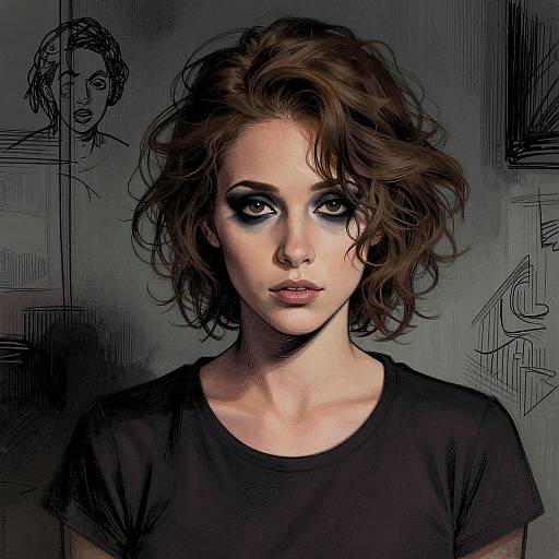 Digital drawing of a pale, serious-looking woman with wavy brown hair, intense dark eyes, and black shirt, set against a grayscale, sketchy
