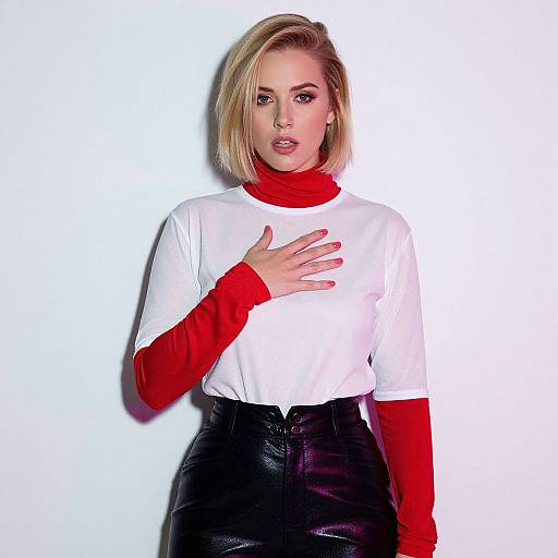 Photograph of a blonde woman with short hair, wearing a white turtleneck shirt, red long sleeves, and black leather pants, hand on chest