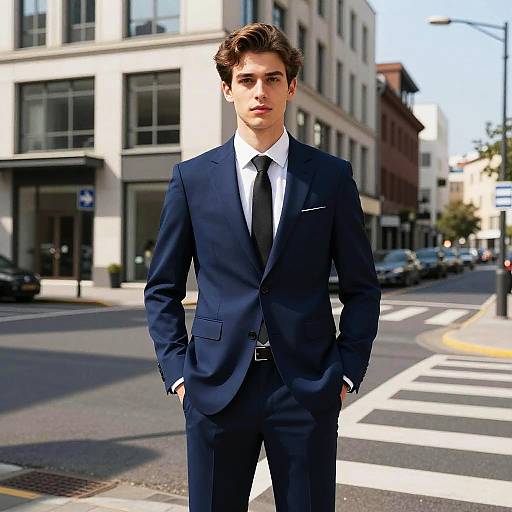 Photograph of a young, handsome man with wavy brown hair in a navy blue suit, white shirt, and black tie, standing on a sunny