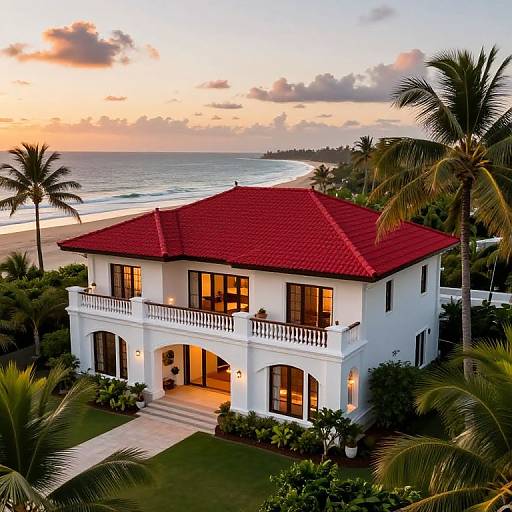 Photograph of a white, two-story Mediterranean-style house with a red tile roof, overlooking a beach at sunset, surrounded by palm trees and lush green