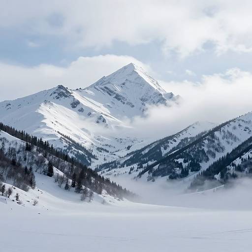 Photograph of a snow-covered mountain range with a towering peak, partially shrouded in mist, under a cloudy blue sky.