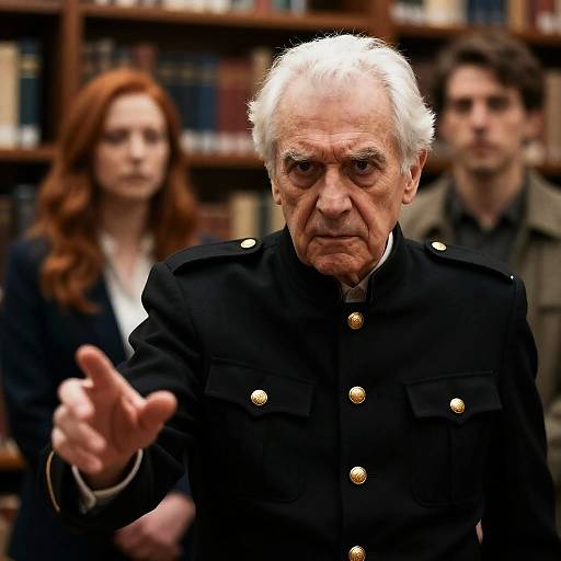 Intense Elderly Man in Military Jacket Reaching Forward