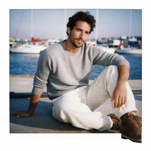 Photograph of a handsome, dark-haired man with a beard, wearing a gray sweater, white pants, and brown boots, sitting by a marina