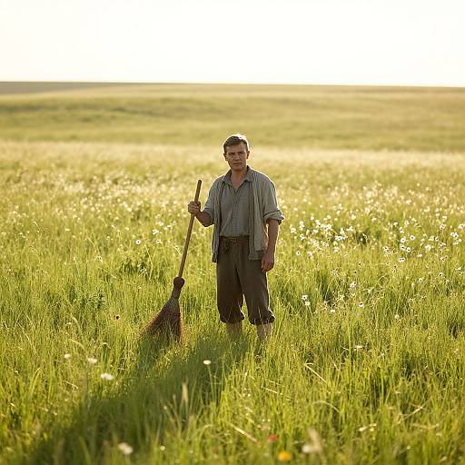 Photograph of a middle-aged man with short hair, wearing a striped shirt and dark pants, standing in a sunlit, golden-green field, holding