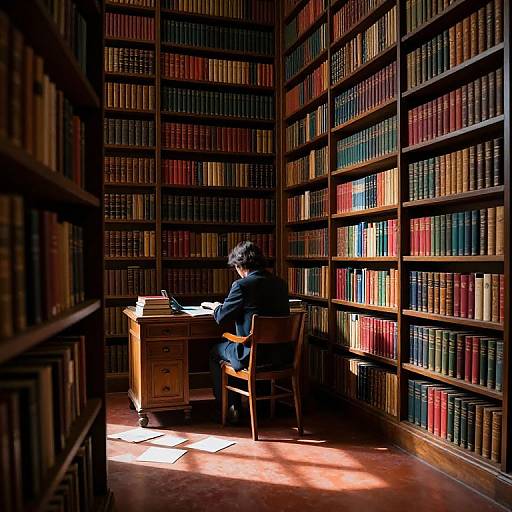 Solitary Figure in Dim Library Corner
