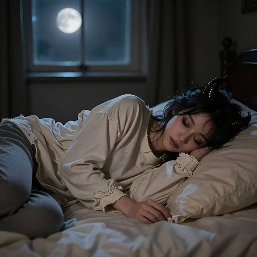 Photograph of a young woman with dark hair, sleeping on a bed in a dimly lit room with a moonlit window. She wears a beige