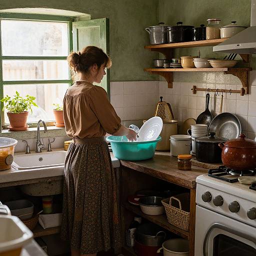 Photograph of a woman in a brown blouse and patterned skirt washing dishes in a rustic, sunlit kitchen with green walls.