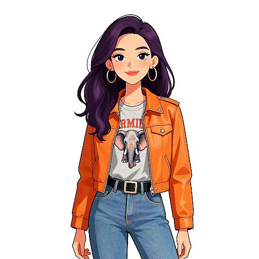 Digital anime-style illustration of a smiling woman with long purple hair, wearing an orange leather jacket, white shirt, blue jeans, and hoop earrings, set