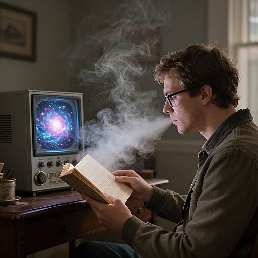 Photograph of a man with glasses, brown hair, and dark jacket, smoking from an open book, with an old TV emitting blue light in the