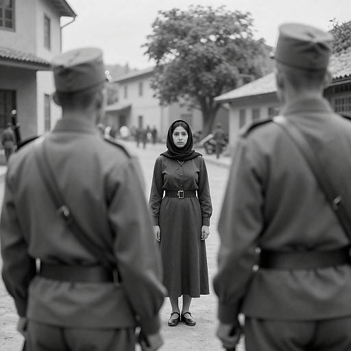 Monochrome Standoff: Two Soldiers, Woman