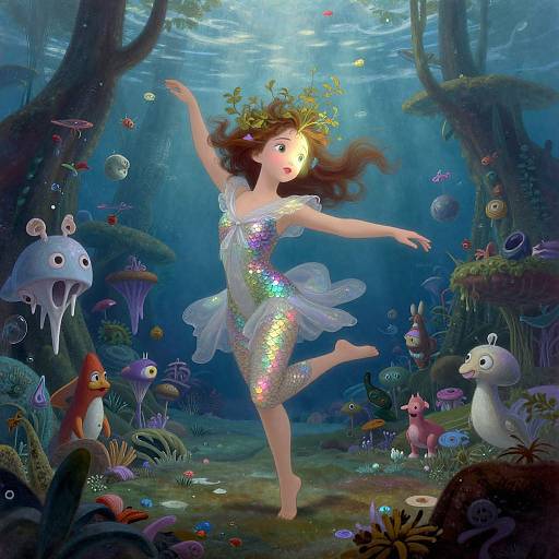 Digital illustration of a fairy-like girl with a flower crown, shimmering dress, dancing underwater in a vibrant, colorful ocean forest.