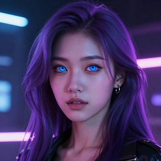 Digital portrait of a young Asian woman with glowing blue eyes, long purple hair, and dark makeup, illuminated by neon lights. Cyberpunk style.