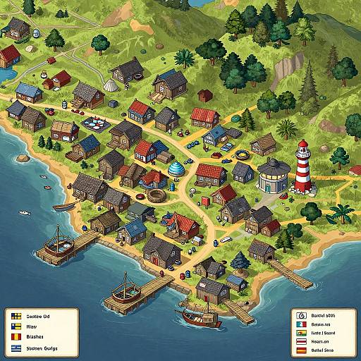 Vibrant, detailed digital map of a coastal village with colorful houses, a lighthouse, docks, and green hills, featuring a legend key.