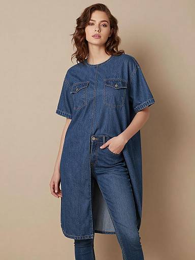 Editorial Portrait in Oversized Denim Tunic