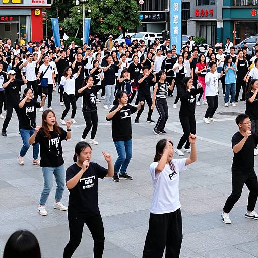 Photograph of a large group of diverse, Asian adults dancing in a city square, wearing black and white T-shirts, jeans, and black pants,