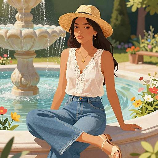 Digital artwork of a beautiful woman with long black hair, wearing a straw hat, white lace sleeveless top, blue jeans, and sandals, sitting by