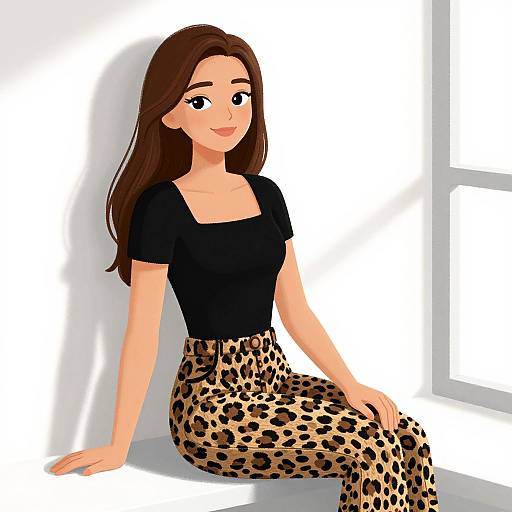 Digital illustration of a smiling woman with long brown hair, wearing a black top and leopard print pants, sitting by a window.