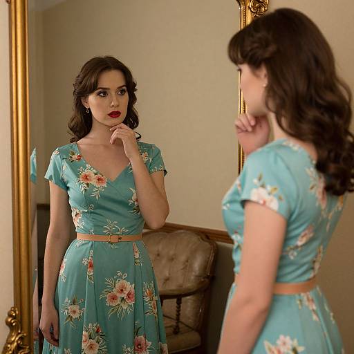 Photograph of a woman with dark brown hair, wearing a teal floral dress, standing in front of a mirror, touching her chin thoughtfully, in
