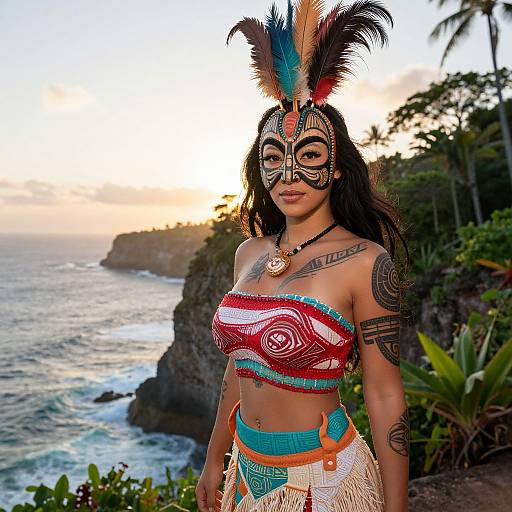 Photograph of a Native Hawaiian woman with colorful feather headdress, intricate face paint, and traditional attire, standing on a coastal cliff at sunset.