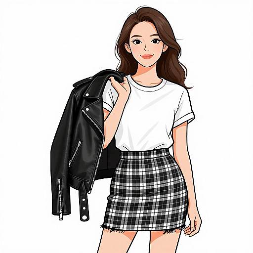 Digital illustration of a young woman with long brown hair, wearing a white t-shirt, black and white plaid skirt, and black leather jacket, standing
