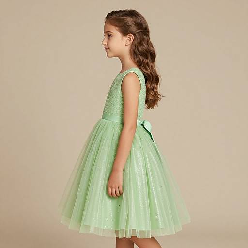 Photograph of a young girl with long brown hair in a mint green, sleeveless, tulle dress with a sparkly bodice, standing in