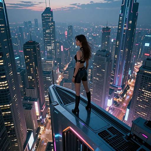 Digital artwork of a cyberpunk cityscape at dusk. A lone woman with long brown hair, black leather outfit, and boots stands on a skyscraper