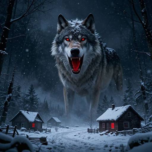 Digital artwork of a massive, glowing-eyed wolf with an open mouth, looming over snow-covered, dark forest cabins with red-lit windows.