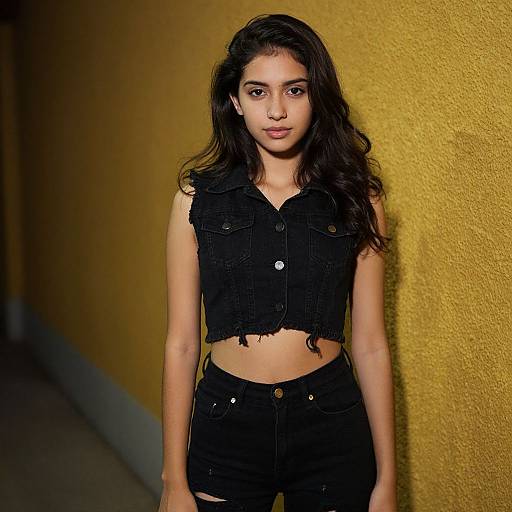Photograph of a young woman with long, wavy dark hair, wearing a sleeveless black denim crop top and high-waisted black shorts,