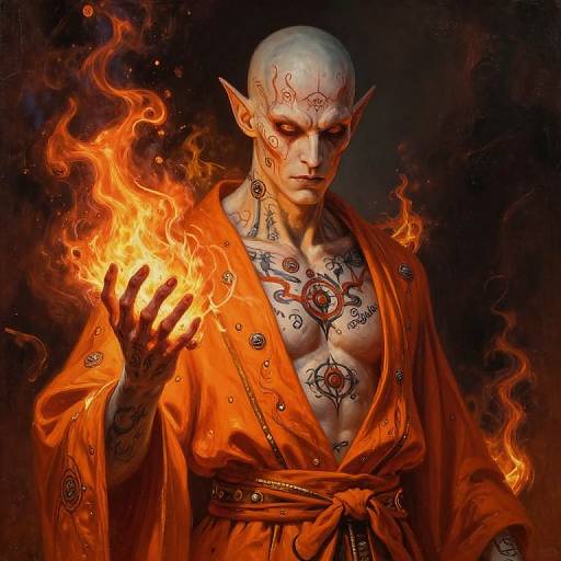 Digital artwork of a bald, muscular, tattooed elf with pointed ears, wearing an orange kimono, conjuring fire with a glowing hand. Dark