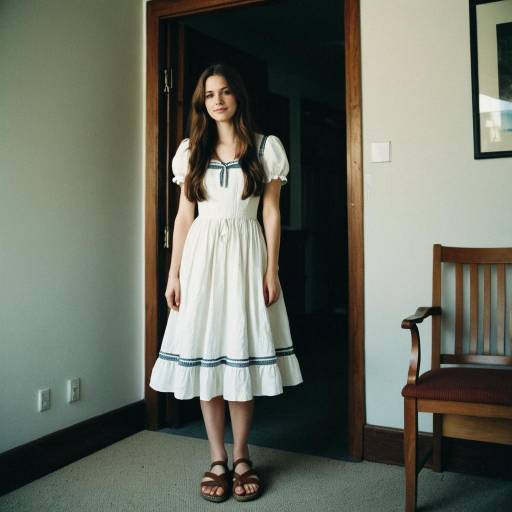 Young Woman in White Cotton Dress Standing Indoors