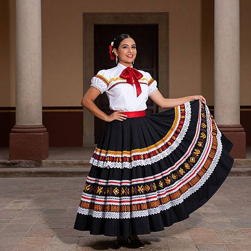 Photograph of a Latina woman in traditional Mexican folk dress, white blouse with red bow, black skirt with colorful lace patterns, standing in a colonn
