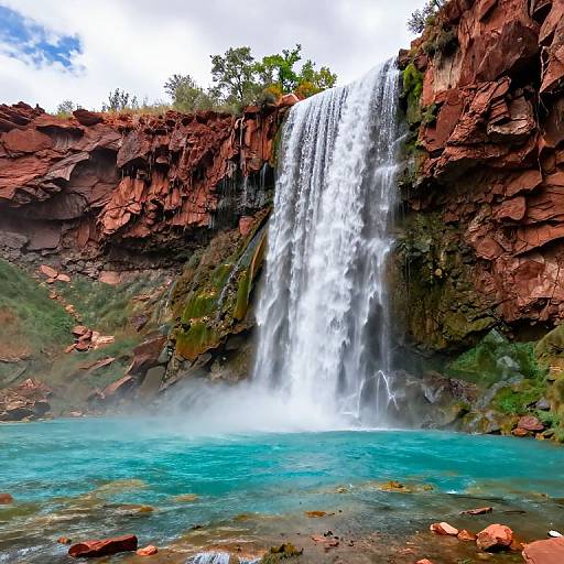Photograph of a vibrant waterfall cascading into a turquoise pool, surrounded by red rock cliffs and lush greenery under a cloudy sky.