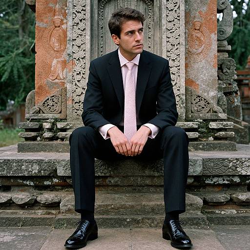 Photograph of a serious-looking man in a black suit, pink tie, and black shoes, sitting on ancient stone steps with intricate carvings and