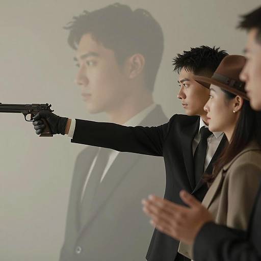Man in Suit Aiming Gun with Group