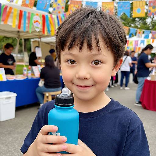 Photograph of a smiling Asian boy with short black hair, wearing a black shirt, holding a blue water bottle at a colorful outdoor festival with flags and