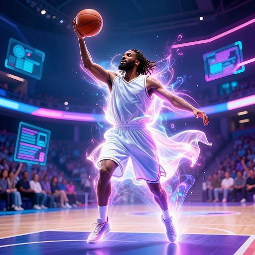 Photorealistic digital artwork of a basketball player with glowing purple and blue flames, mid-dribble, in a vibrant, illuminated arena.