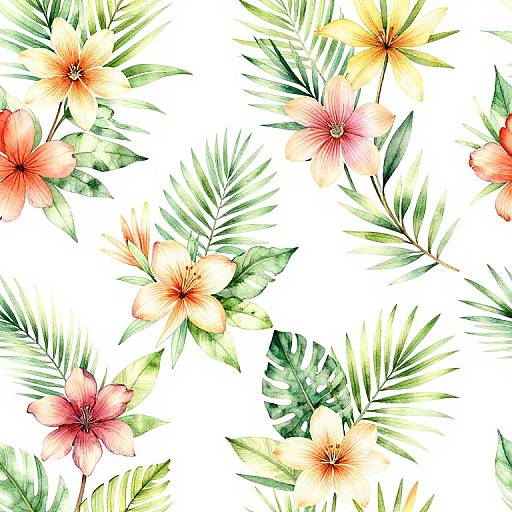 Watercolor-style floral pattern with orange, red, and yellow hibiscus flowers, green palm leaves, and monstera leaves on a white