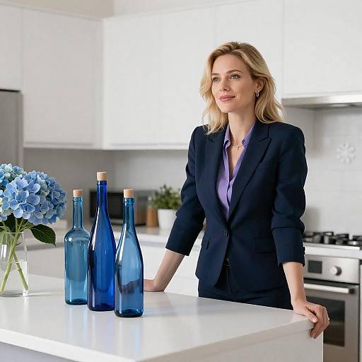 Chic Blonde Woman in Bright Kitchen