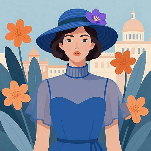 Art Deco Woman in Blue Dress and Hat