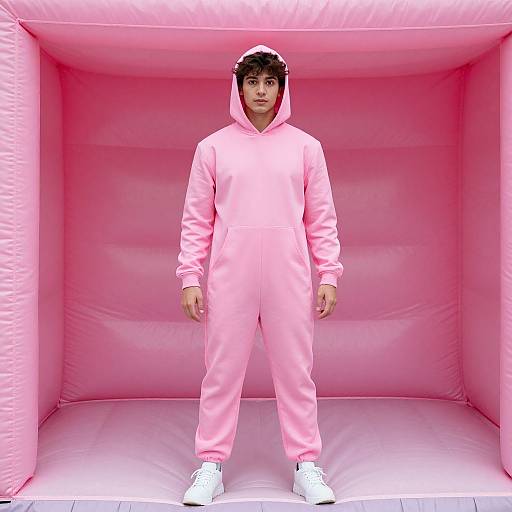 Photograph of a young man in a pink hooded onesie, standing inside a pink inflatable cube, wearing white sneakers, with a serious expression.