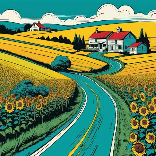 Vibrant Comic Book Rural Landscape Scene