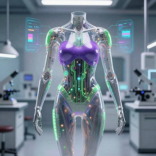 Digital CGI of a futuristic, transparent female robot with glowing neon circuits, purple breast plate, and holographic screens in a high-tech lab.