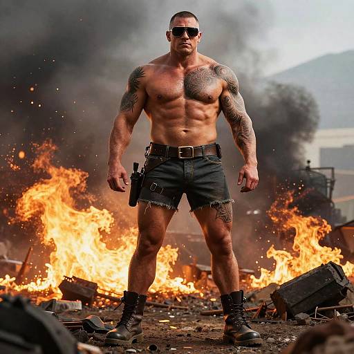 Muscular, tattooed man in black shorts and boots stands confidently in front of intense fire and smoke, wearing sunglasses. Photorealistic photograph.