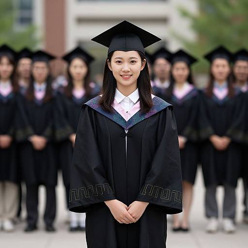 Photograph of an Asian woman with long black hair, wearing a black graduation cap and gown, standing in front of a blurred group of similarly dressed graduates