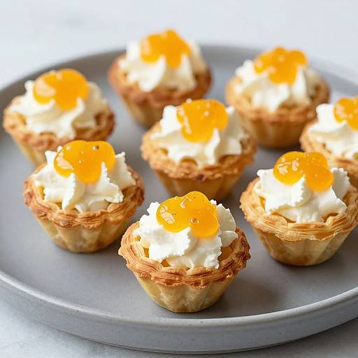 Photograph of nine mini quiches with golden-brown crusts, topped with white cream and bright orange yolk halves, on a gray plate
