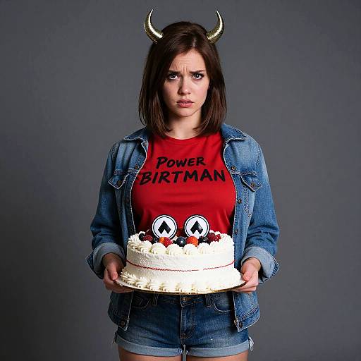 Photograph of a woman with dark hair, horn headband, red 