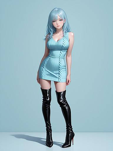 Digital CGI of an anime-style woman with light blue hair, wearing a tight, light blue dress and black thigh-high boots, standing against a plain light