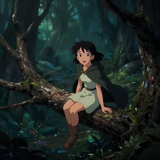 Anime-style drawing of a young woman with short black hair, wearing a green dress and black cape, sitting on a moss-covered tree branch in a dark